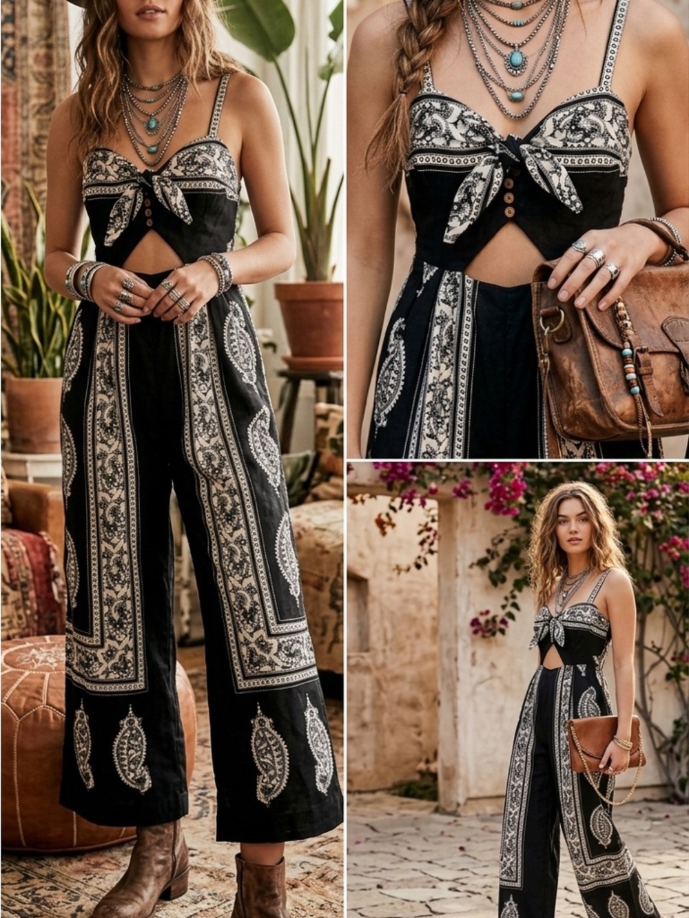 Free People Black White Paisley Linen Wide-Leg Cut-Out Jumpsuit Size 2